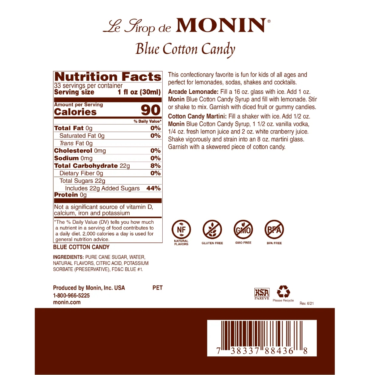 Monin Blue Cotton Candy Syrup Bottle - Image 2